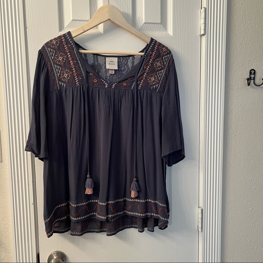 Knox Rose Short Sleeve Eyelet Shirt, Embroidered with Lace Back, Size XXL